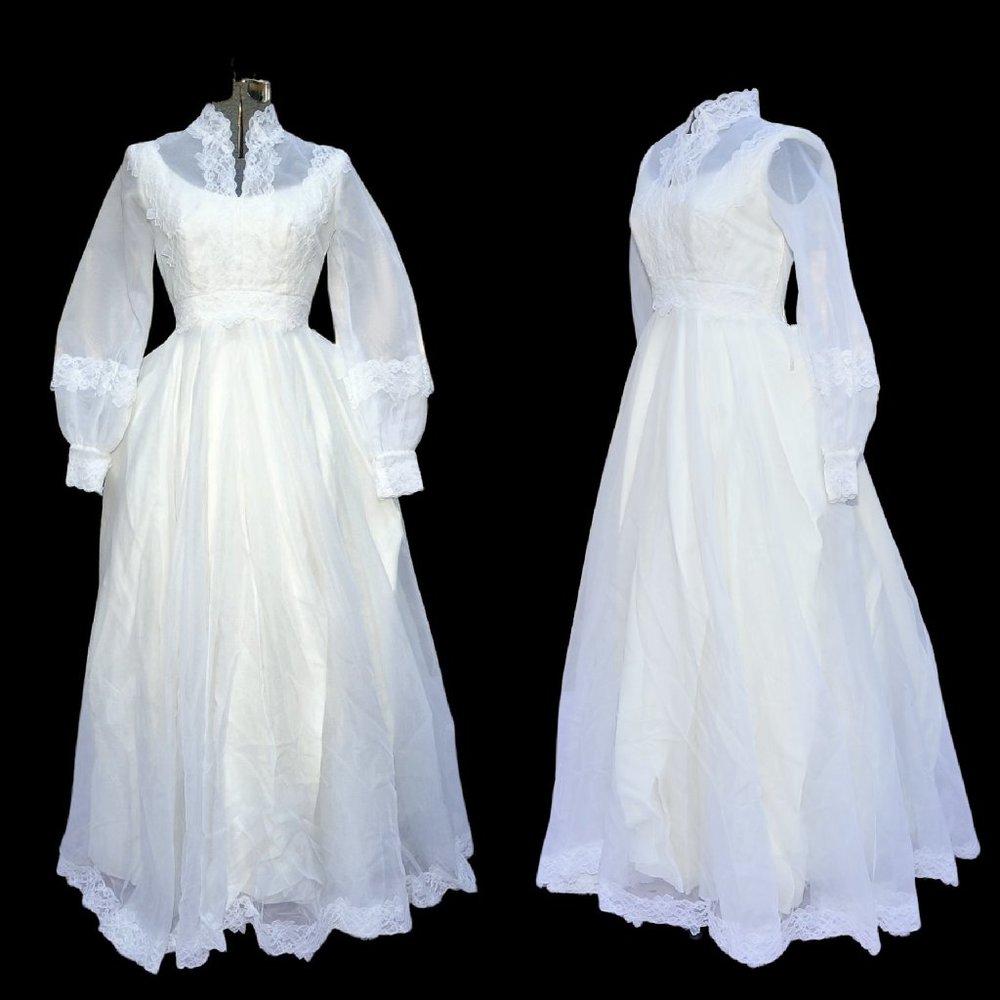 VTG 80's White Illusion & Floral Lace Wedding Gown w/ Petticoat Chapel Train XS